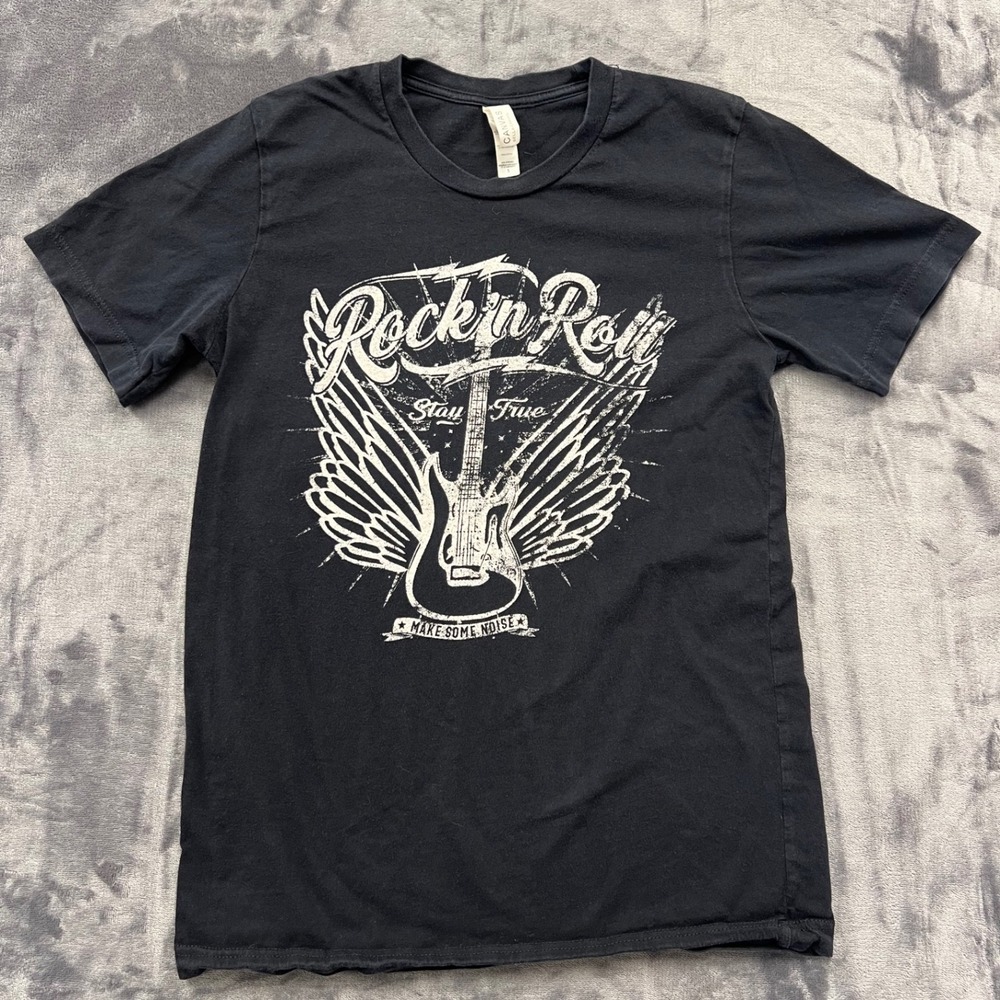 Bella Canvas‎ Rock n Roll Graphic Tee Mens Small Black Guitar Wings Stay True